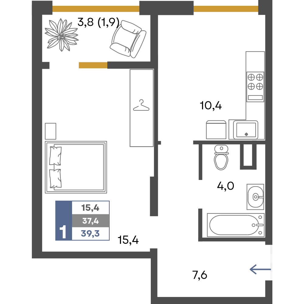 1-к, 39.3 м² · Предгорье