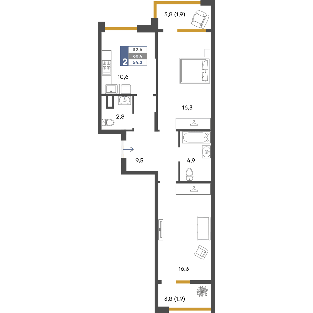 2-к, 64.2 м² · Предгорье