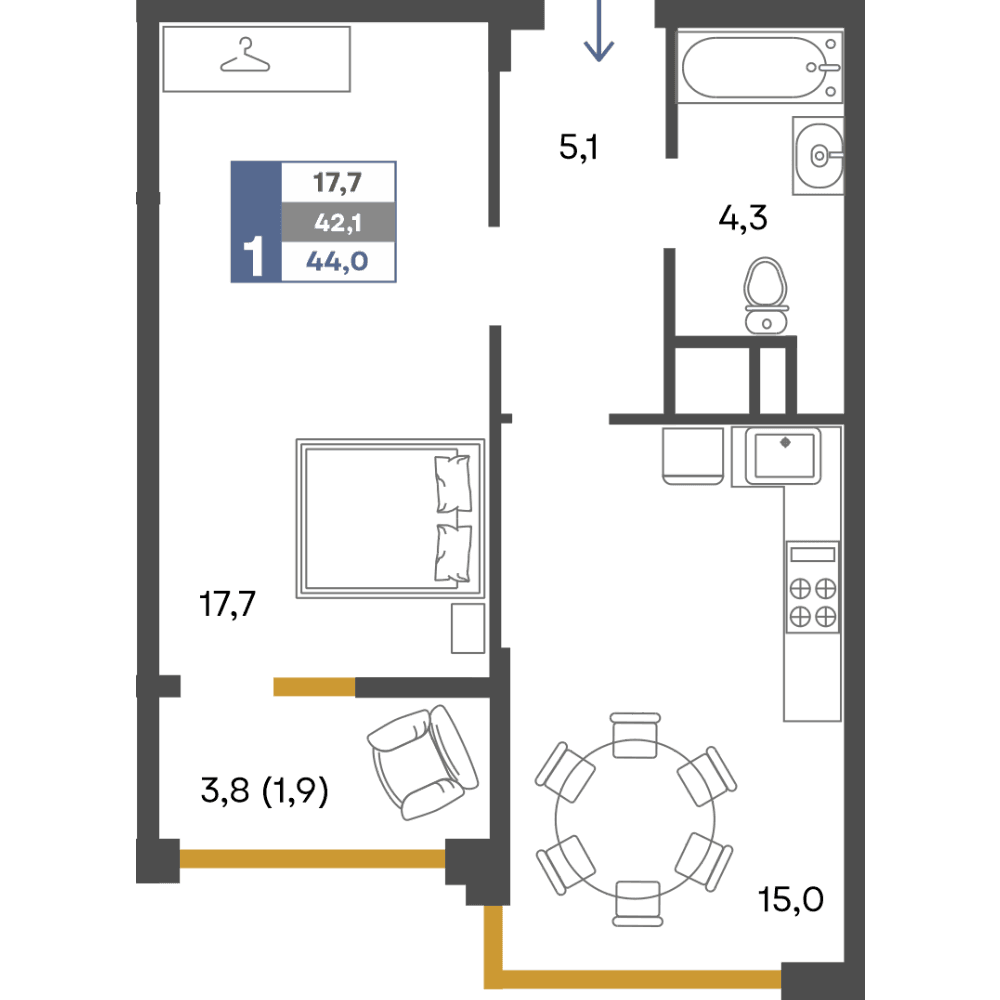 1-к, 44 м² · Предгорье