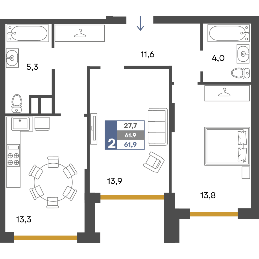 2-к, 61.9 м² · Предгорье