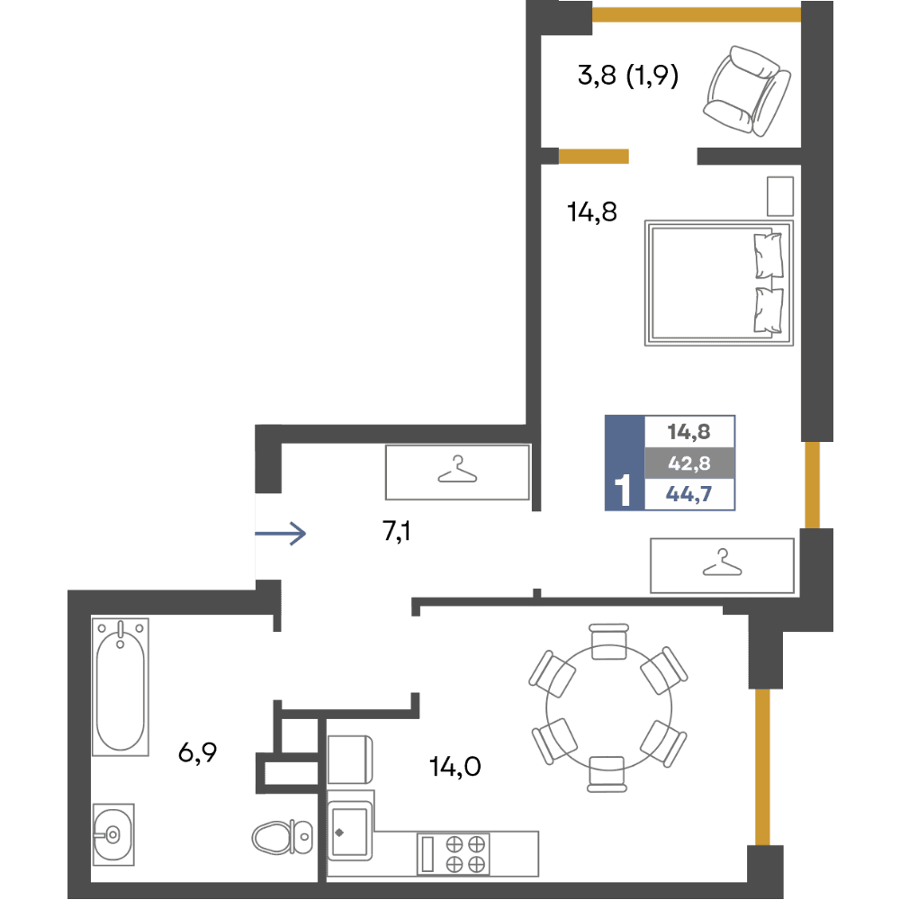 1-к, 44.7 м² · Предгорье