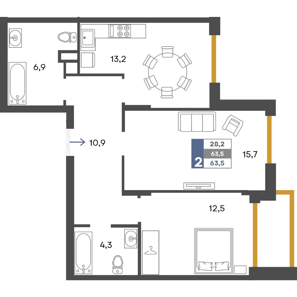 2-к, 63.5 м² · Предгорье