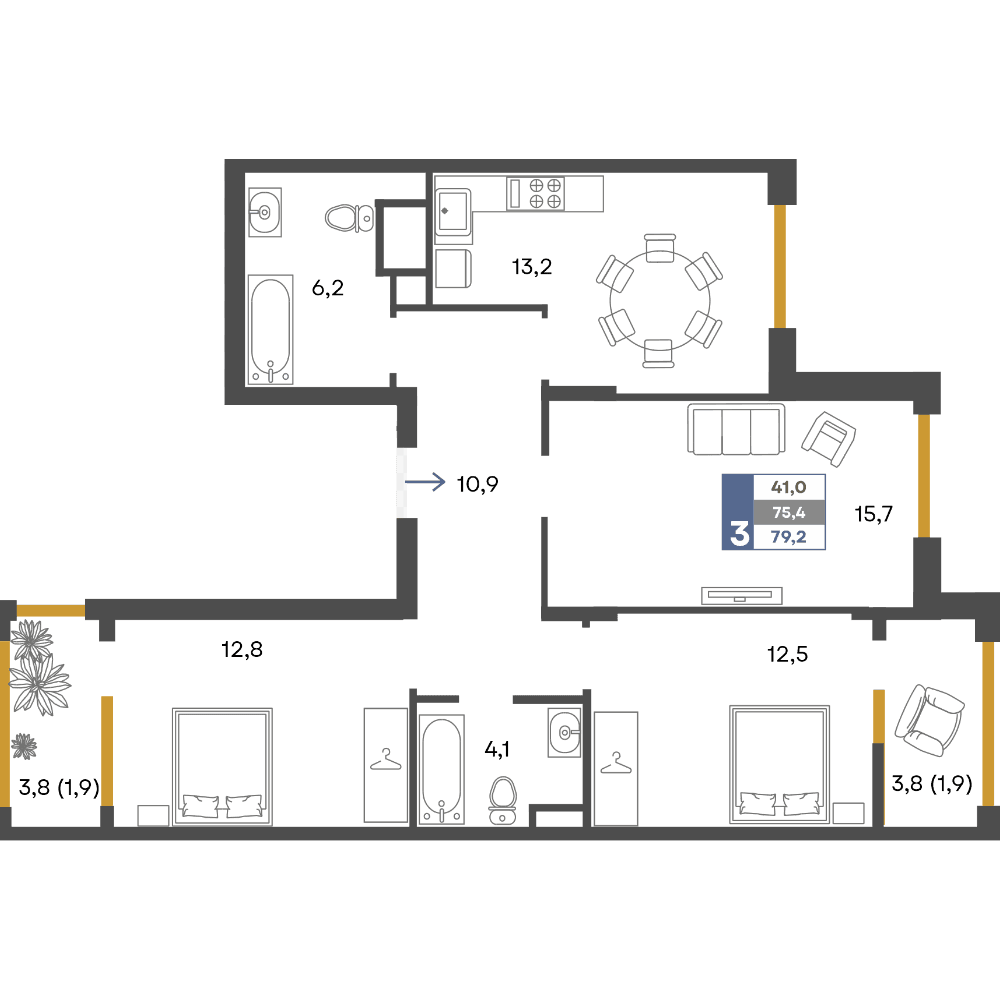 3-к, 79.2 м² · Предгорье