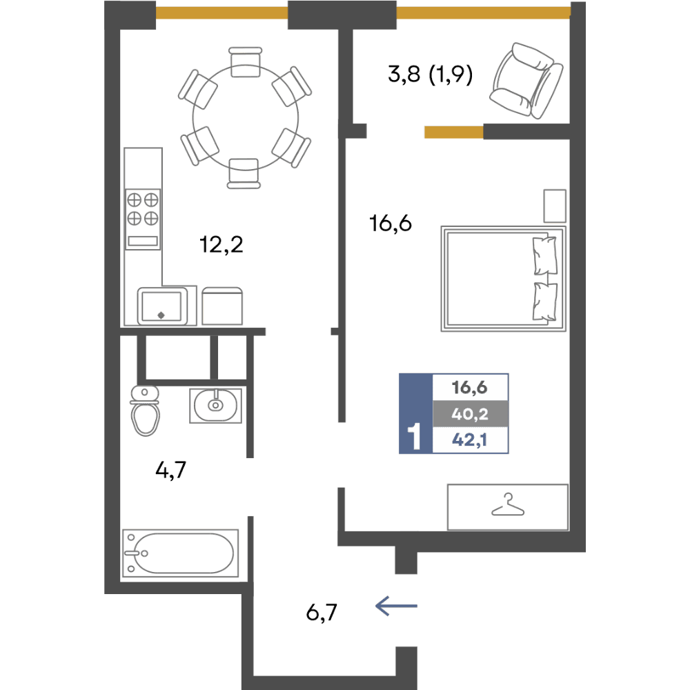1-к, 42.1 м² · Предгорье