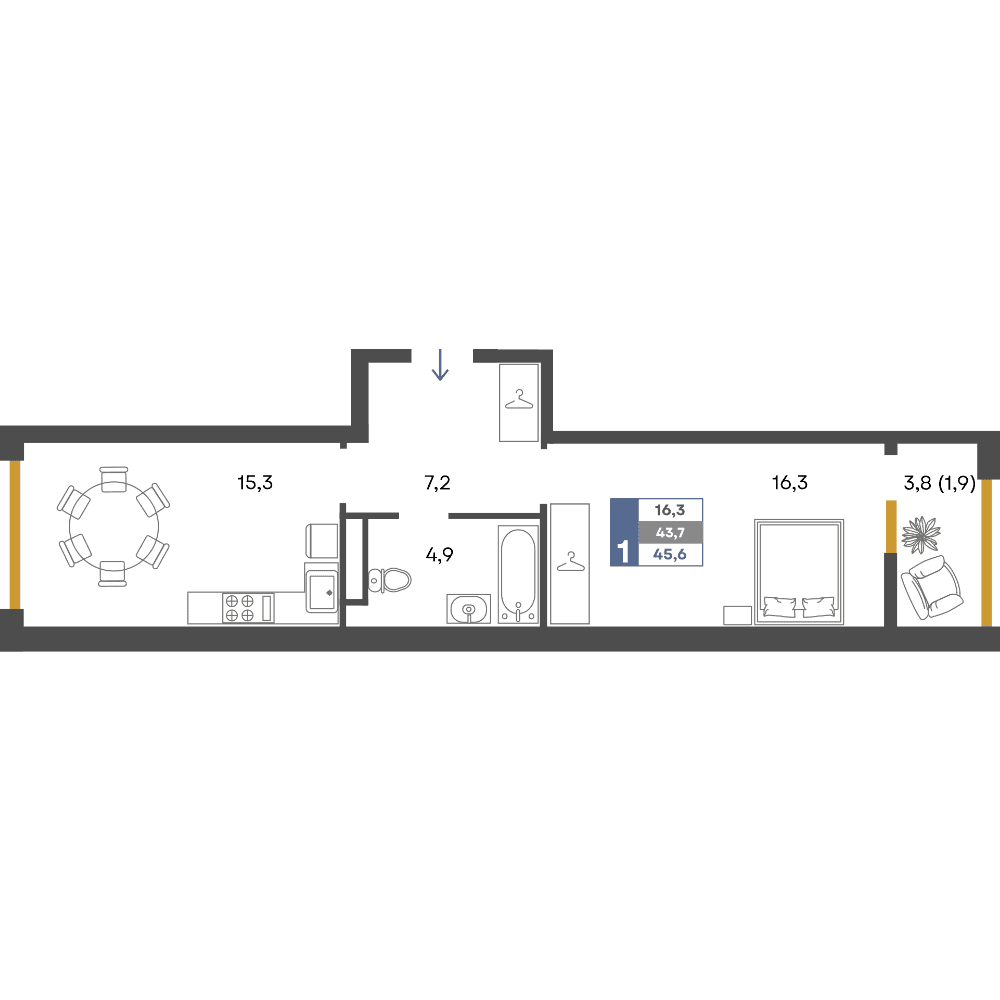 1-к, 45.6 м² · Предгорье