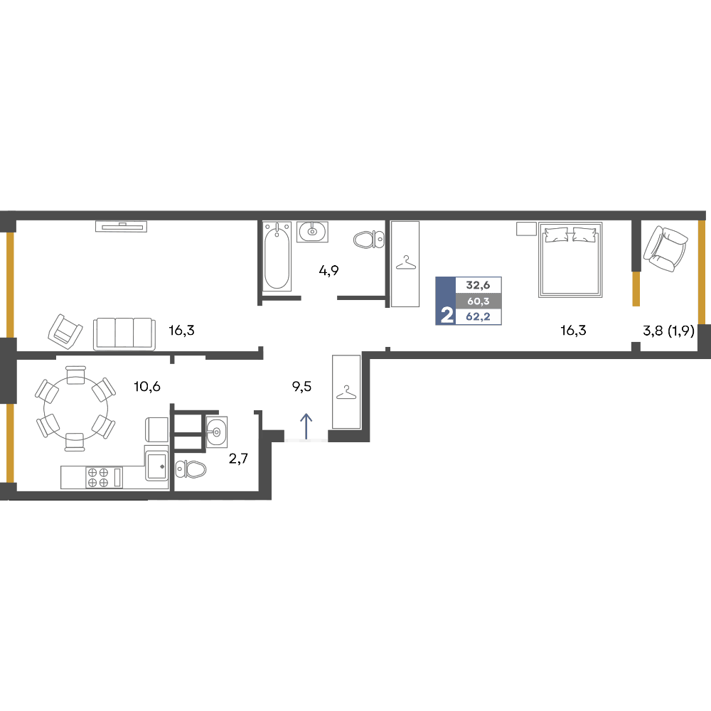 2-к, 62.2 м² · Предгорье