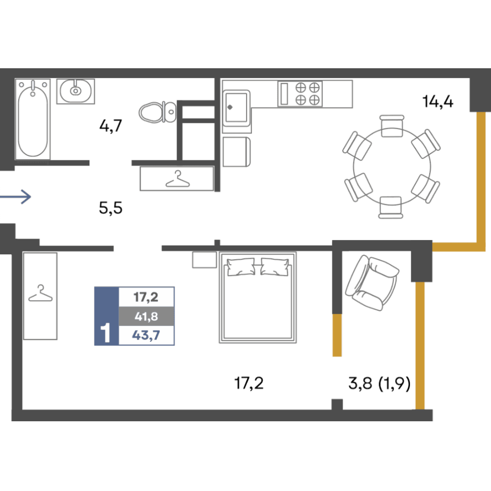 1-к, 43.7 м² · Предгорье