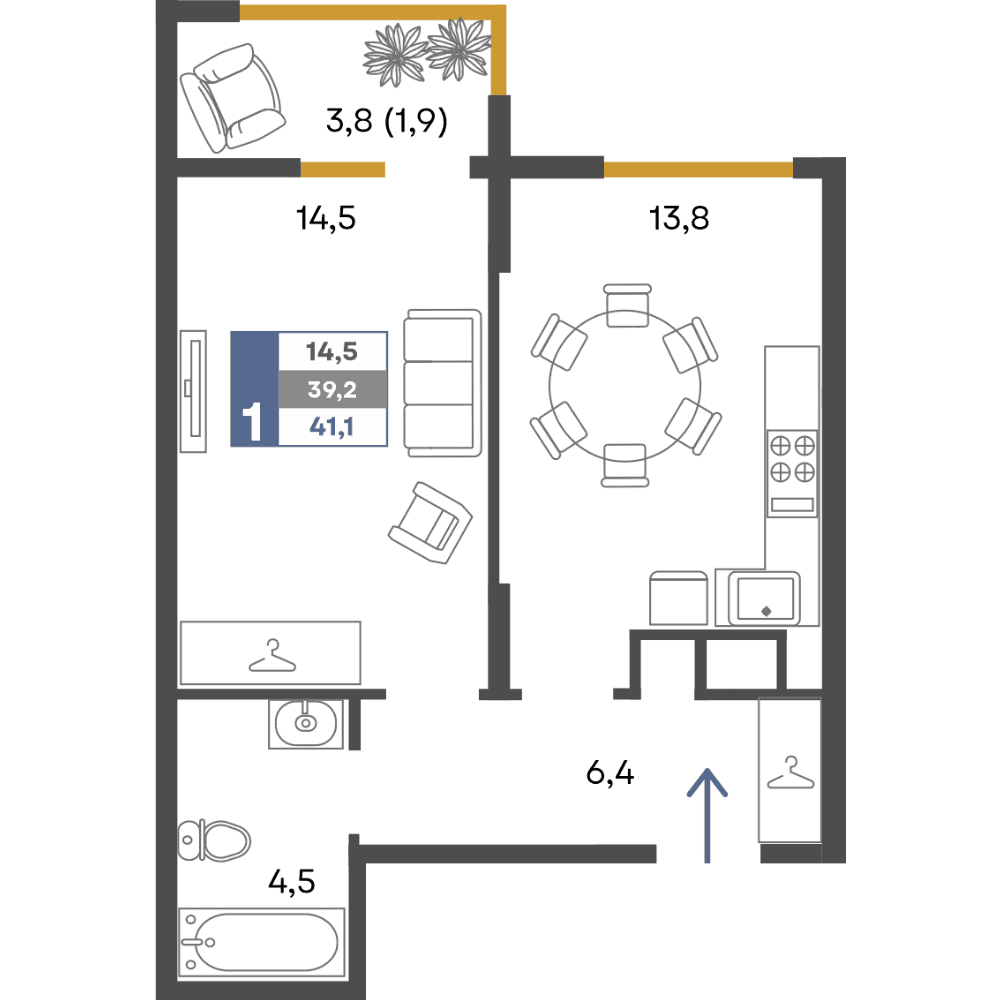 1-к, 41.1 м² · Предгорье