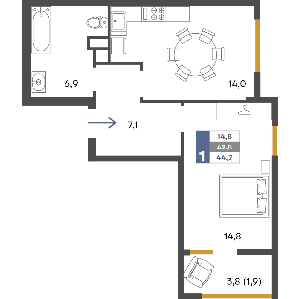 1-к, 44.7 м² · Предгорье