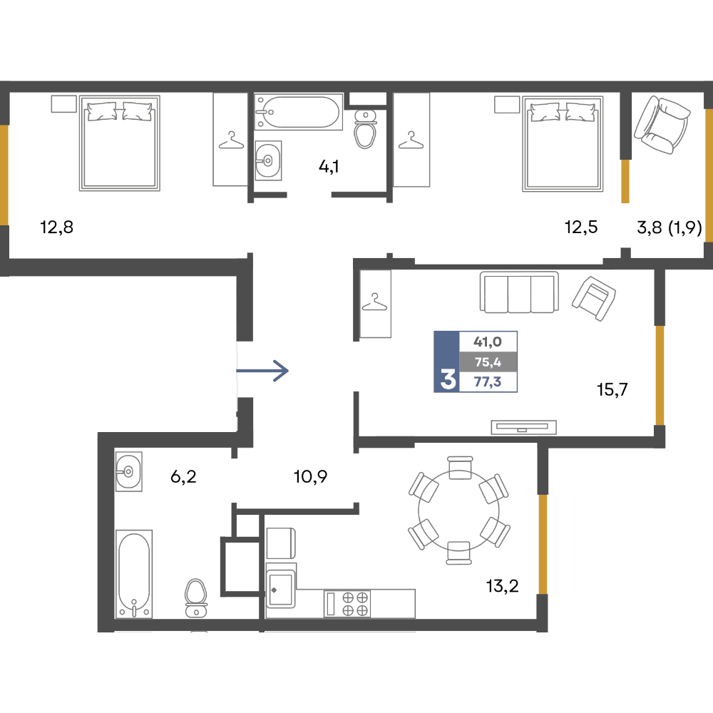 3-к, 77.3 м² · Предгорье