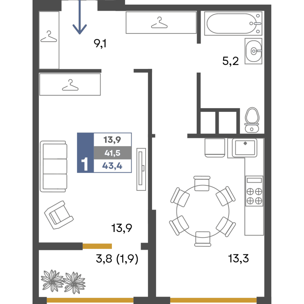 1-к, 43.4 м² · Предгорье