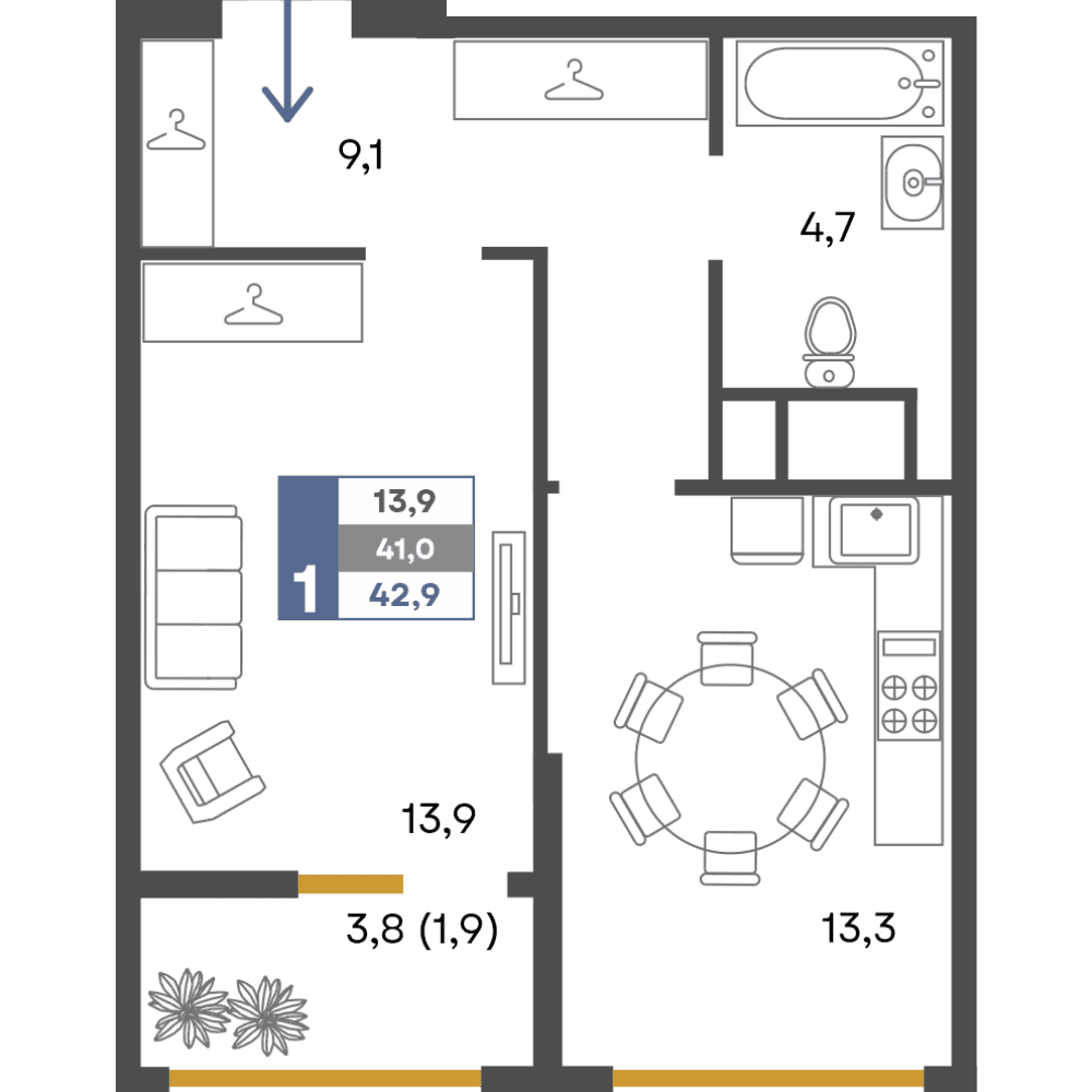 1-к, 42.9 м² · Предгорье