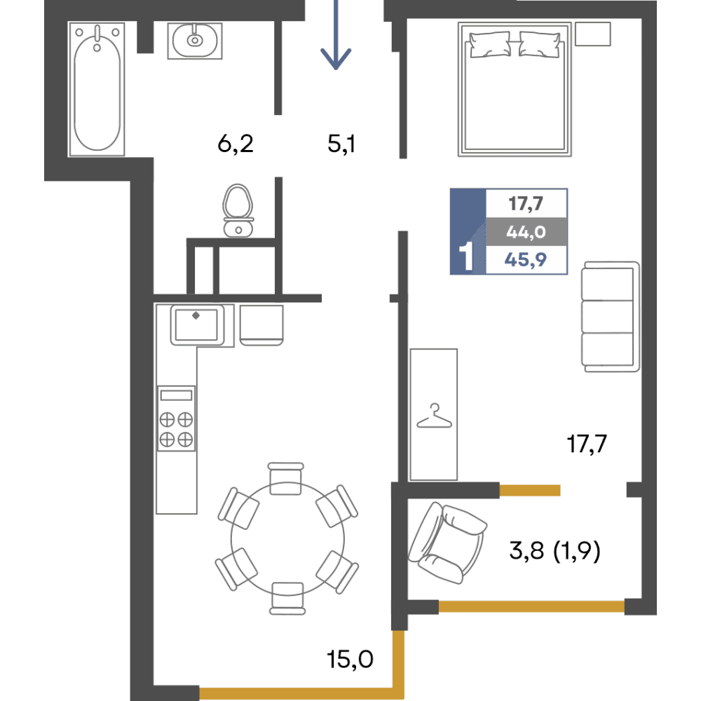 1-к, 45.9 м² · Предгорье