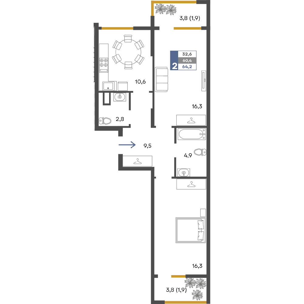 2-к, 64.2 м² · Предгорье