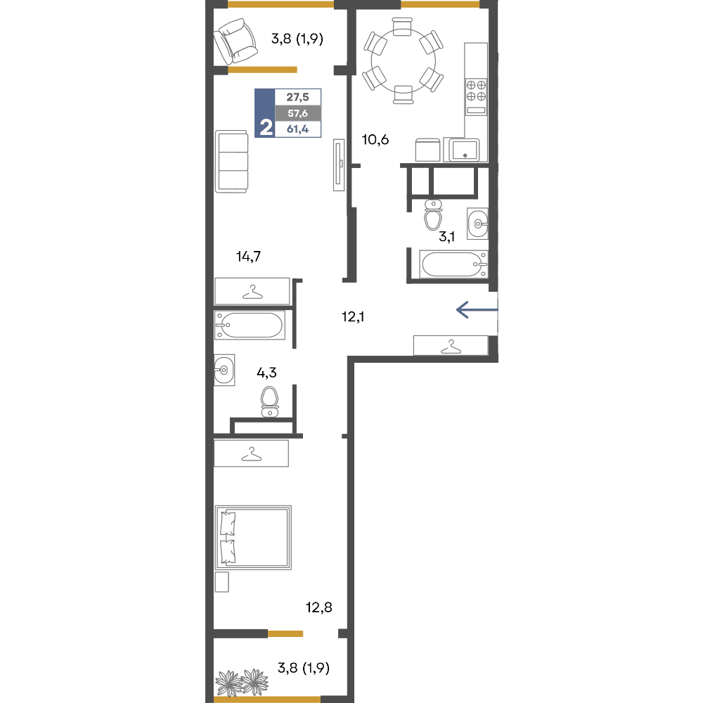2-к, 61.4 м² · Предгорье