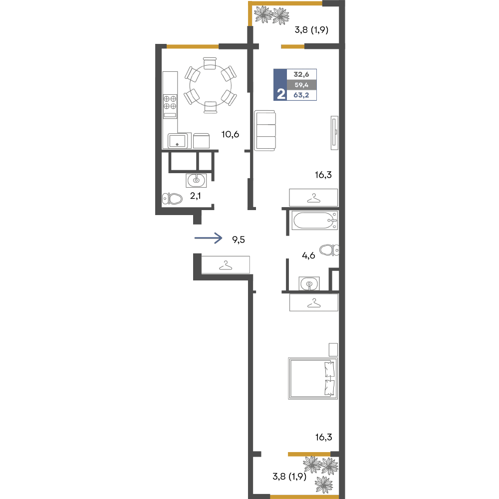 2-к, 63.2 м² · Предгорье