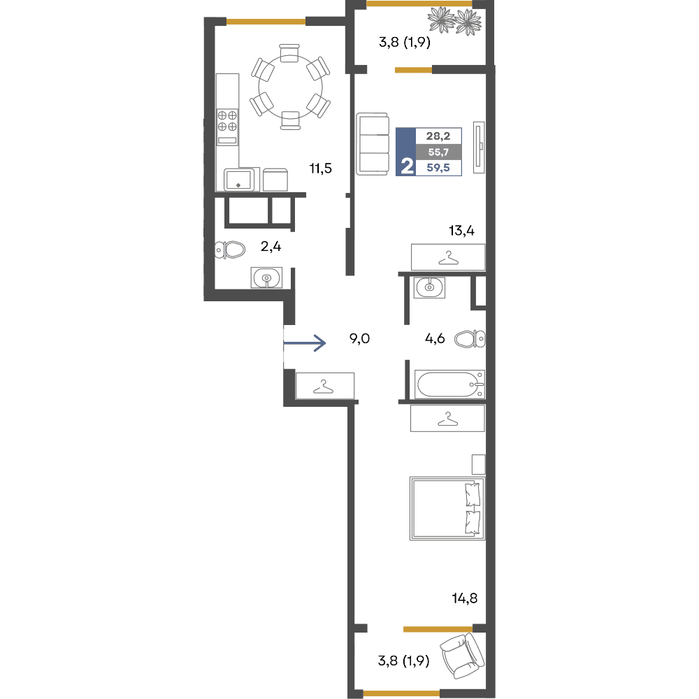 2-к, 59.5 м² · Предгорье