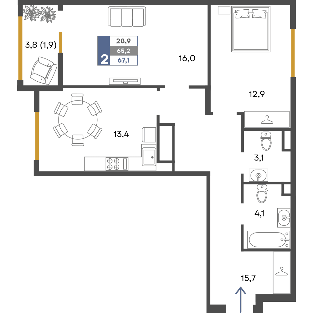 2-к, 67.1 м² · Предгорье