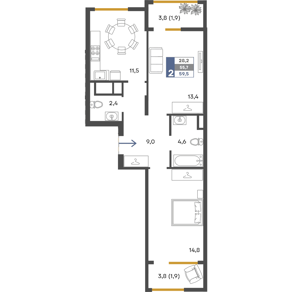 2-к, 59.5 м² · Предгорье