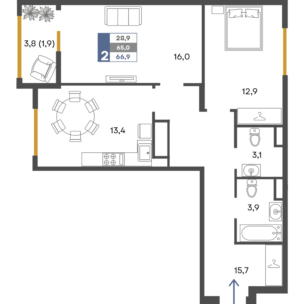 2-к, 66.9 м² · Предгорье