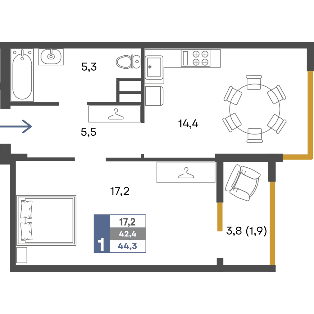 1-к, 44.3 м² · Предгорье