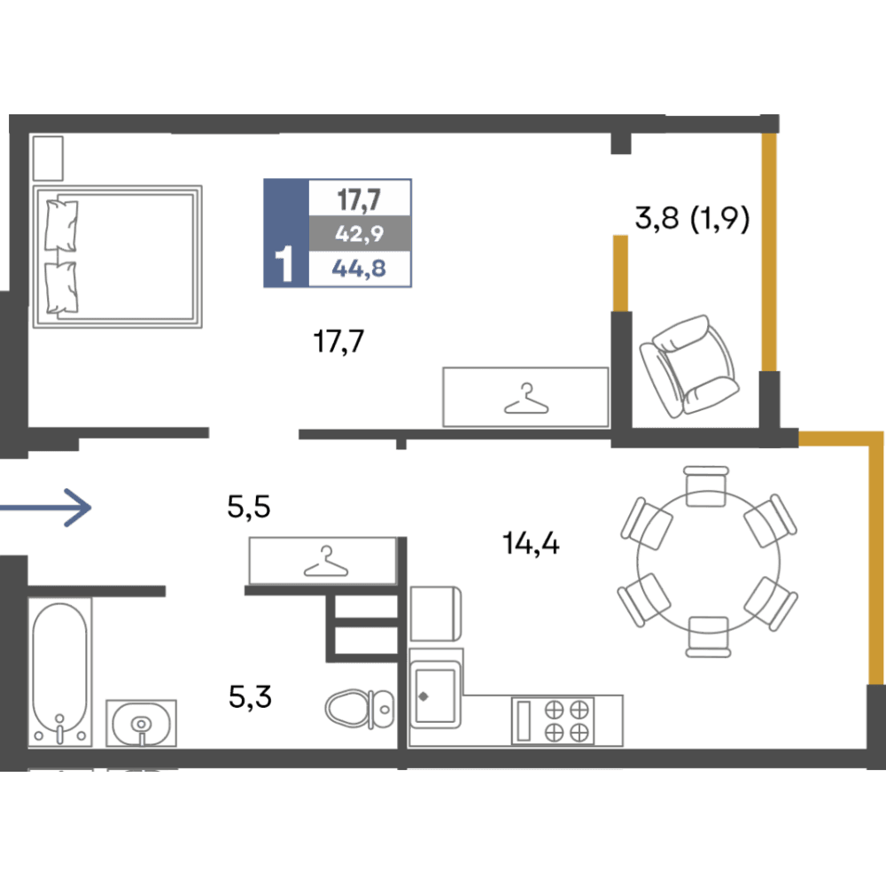 1-к, 44.8 м² · Предгорье