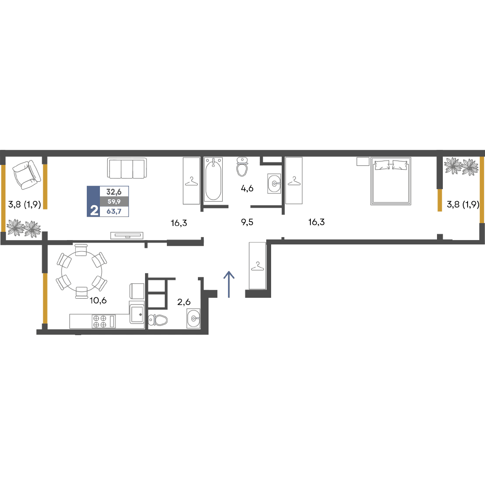 2-к, 63.7 м² · Предгорье