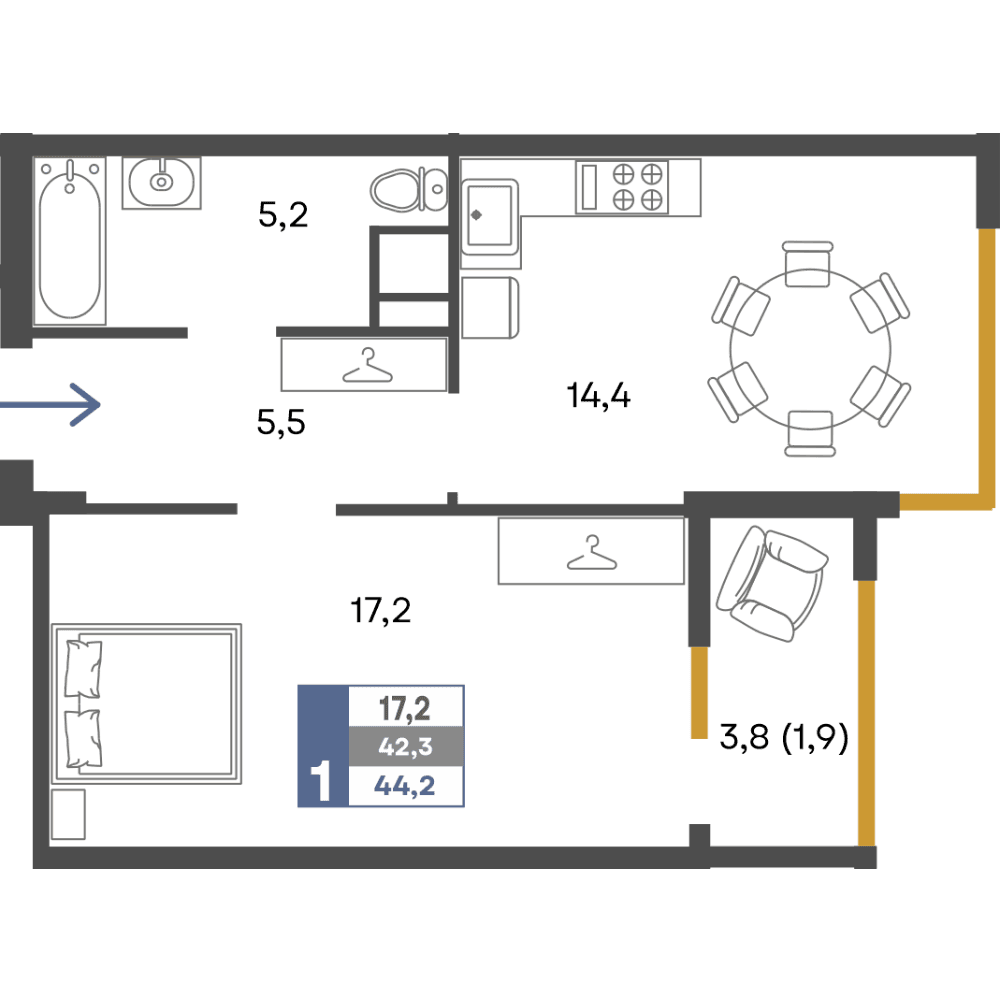 1-к, 44.2 м² · Предгорье