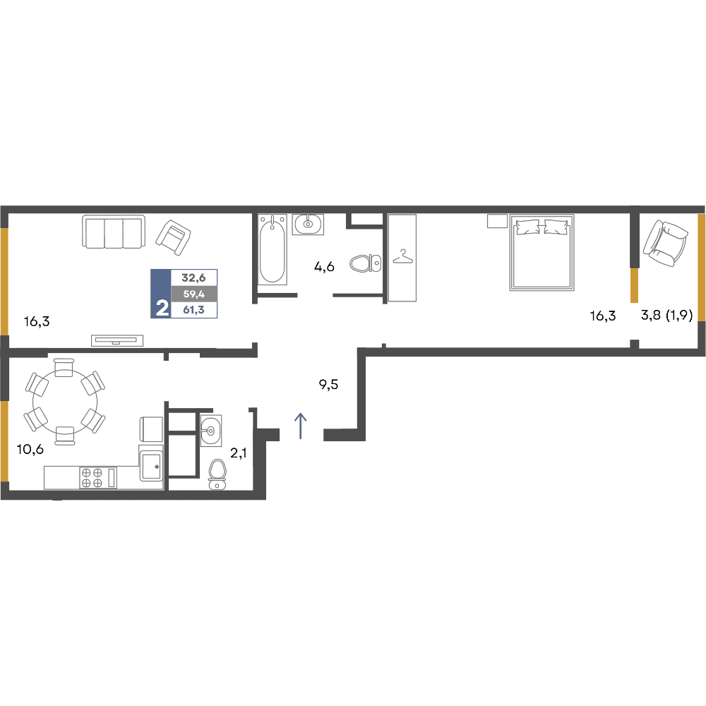 2-к, 61.3 м² · Предгорье