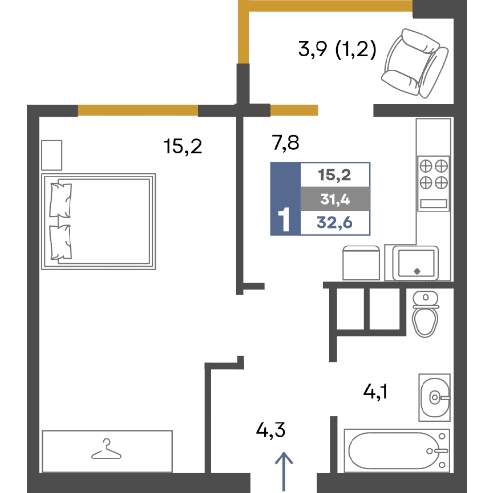 1-к, 32.6 м² · Предгорье