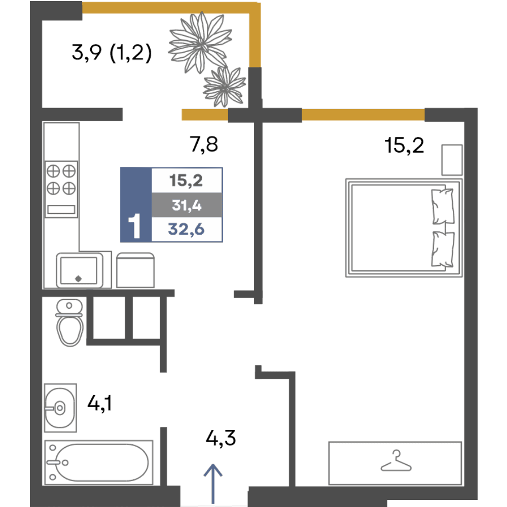 1-к, 32.6 м² · Предгорье