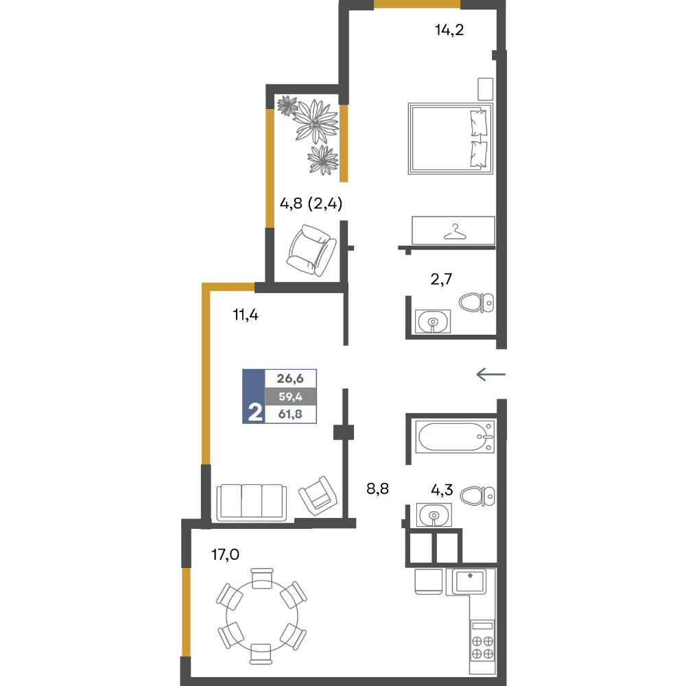 2-к, 61.8 м² · Предгорье