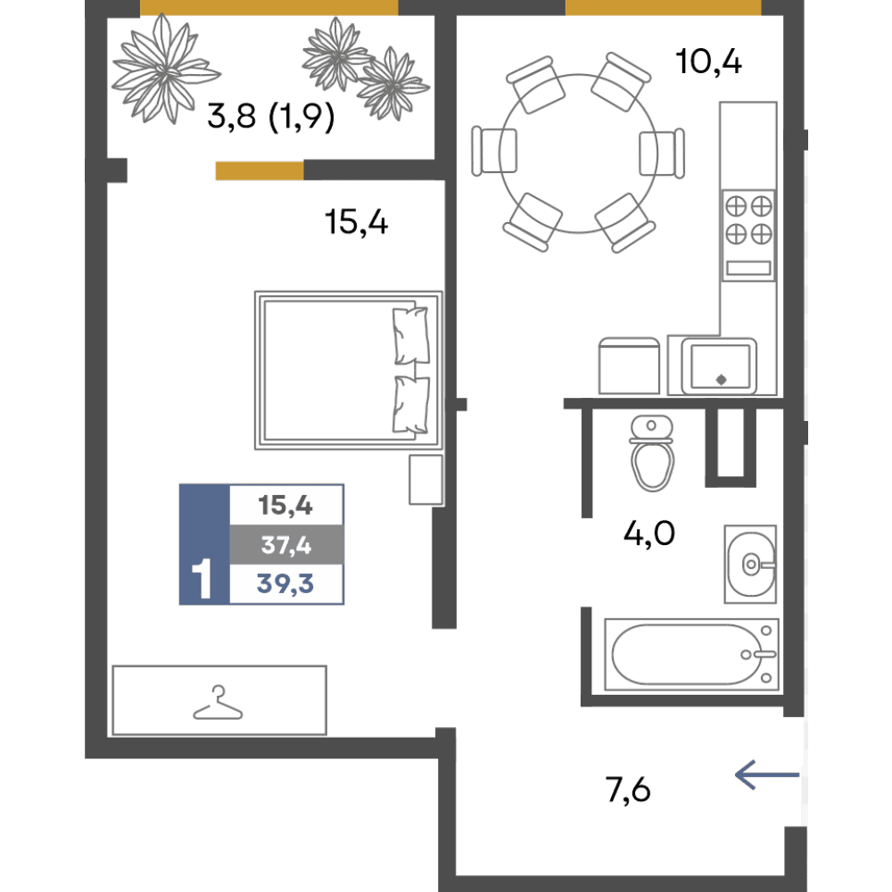 1-к, 39.3 м² · Предгорье