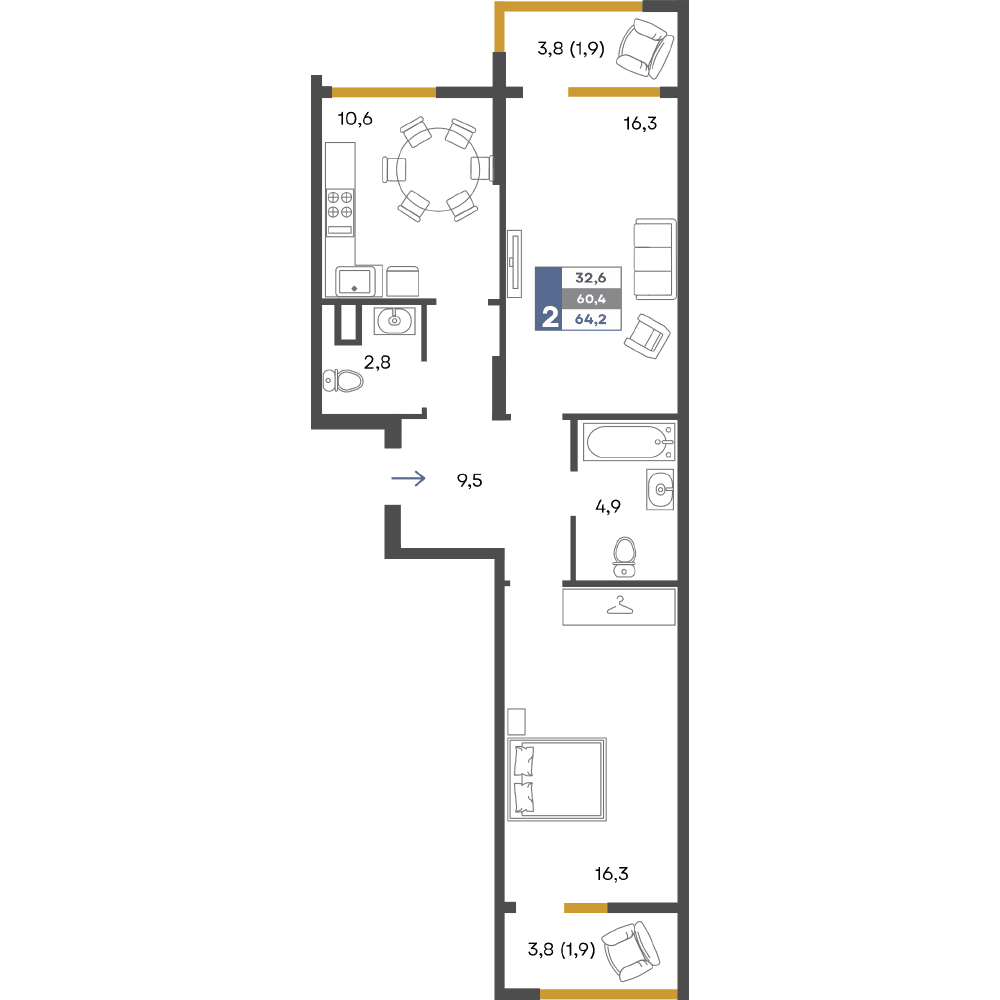 2-к, 64.2 м² · Предгорье