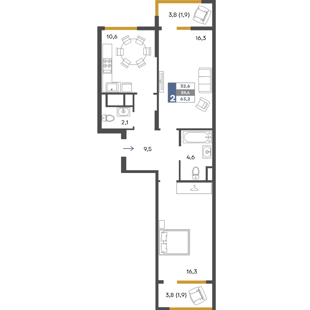 2-к, 63.2 м² · Предгорье