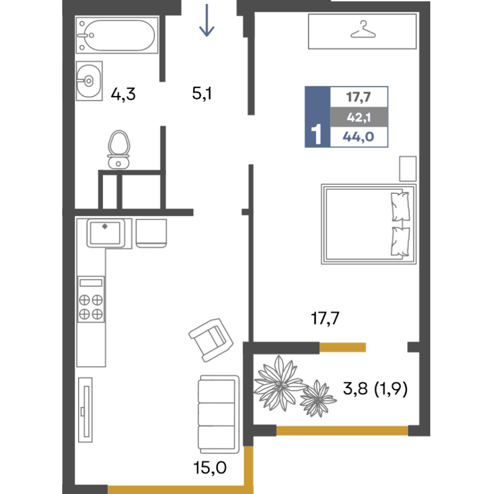 1-к, 44 м² · Предгорье