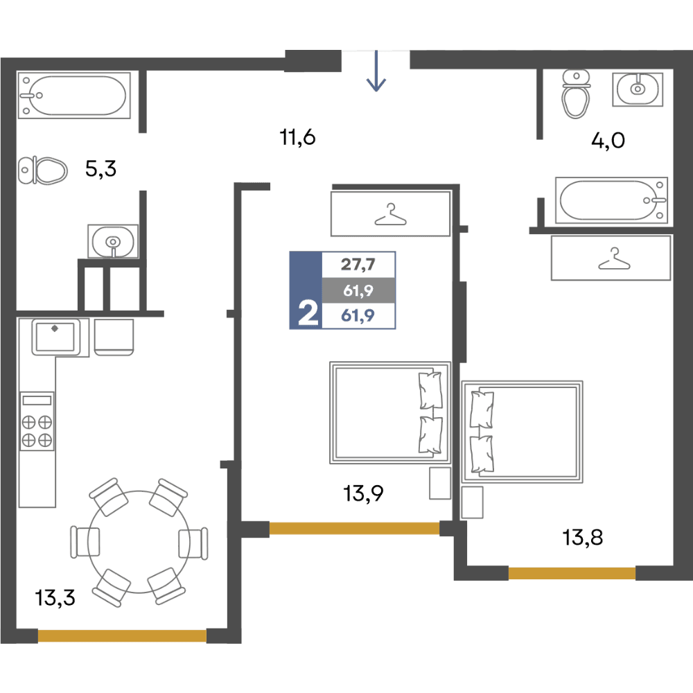 2-к, 61.9 м² · Предгорье