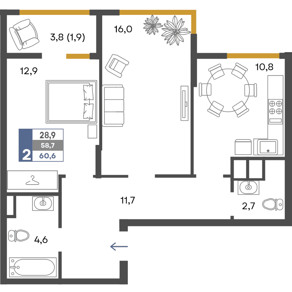2-к, 60.6 м² · Предгорье
