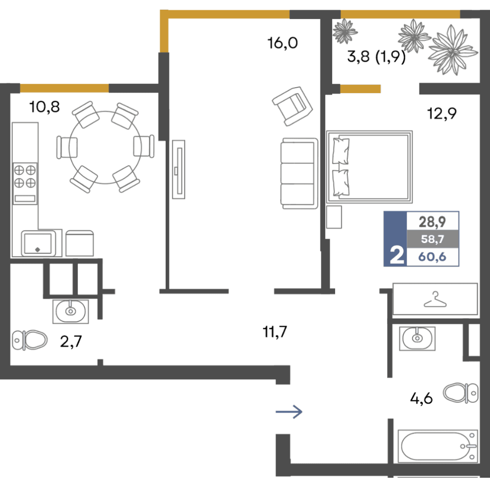 2-к, 60.6 м² · Предгорье