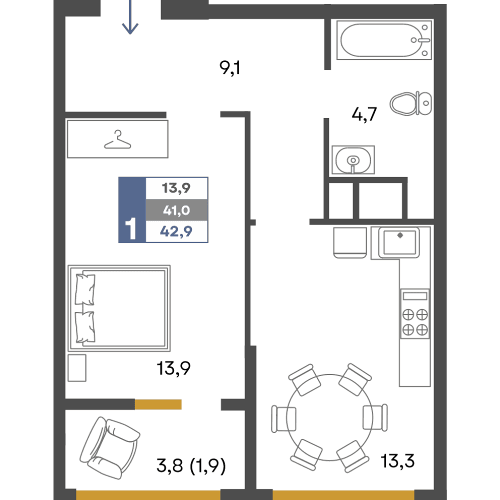1-к, 42.9 м² · Предгорье