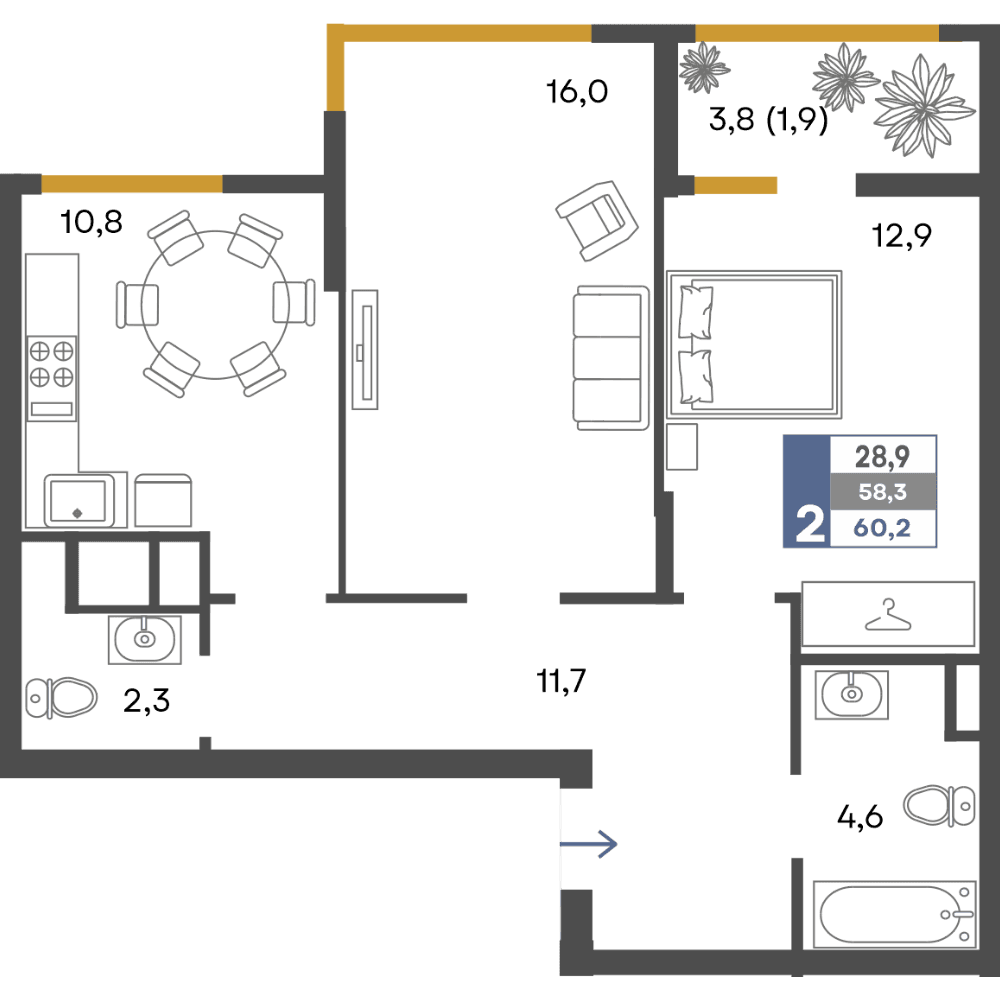2-к, 60.2 м² · Предгорье