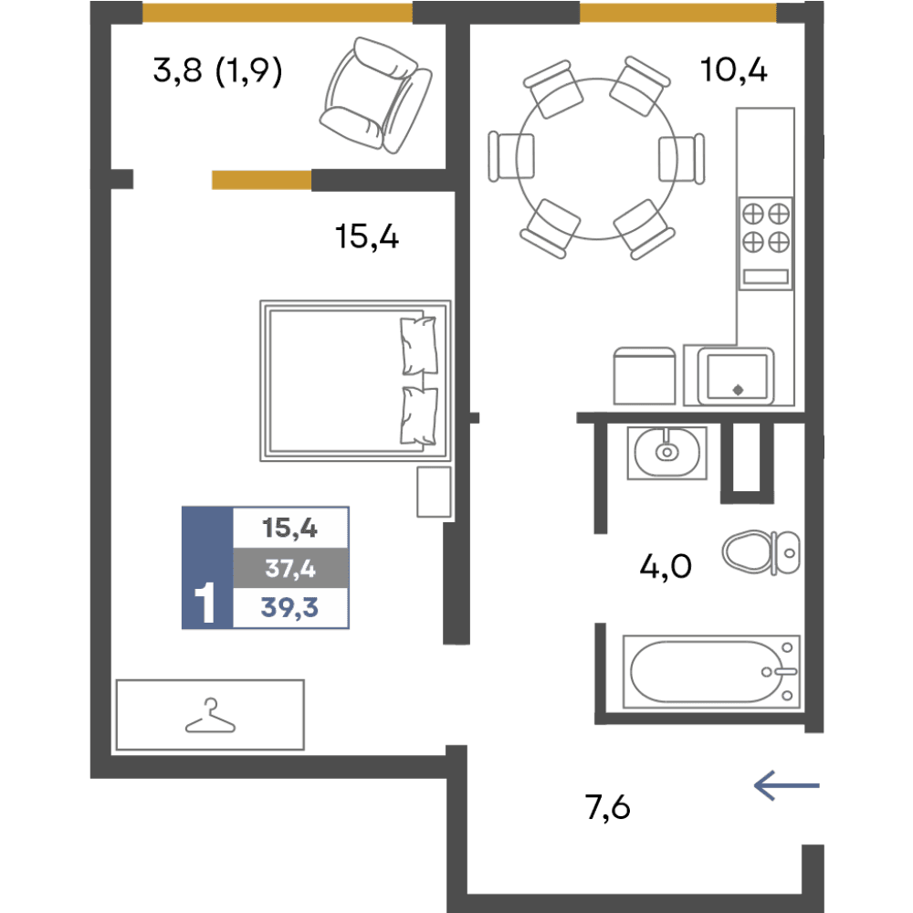 1-к, 39.3 м² · Предгорье