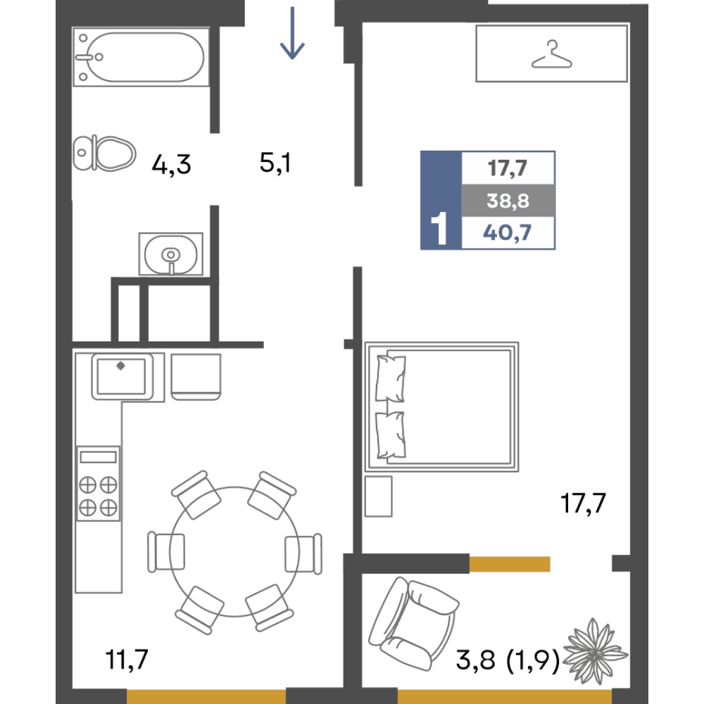 1-к, 40.7 м² · Предгорье