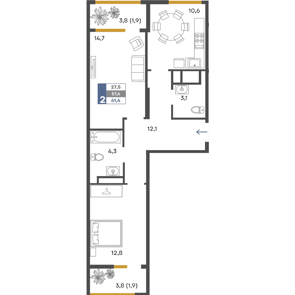 2-к, 61.4 м² · Предгорье