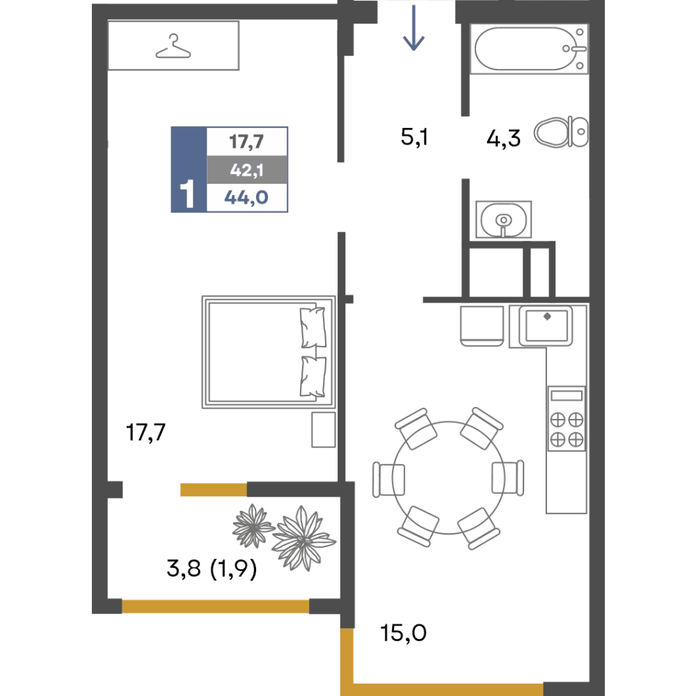 1-к, 44 м² · Предгорье