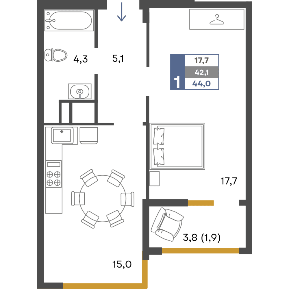 1-к, 44 м² · Предгорье
