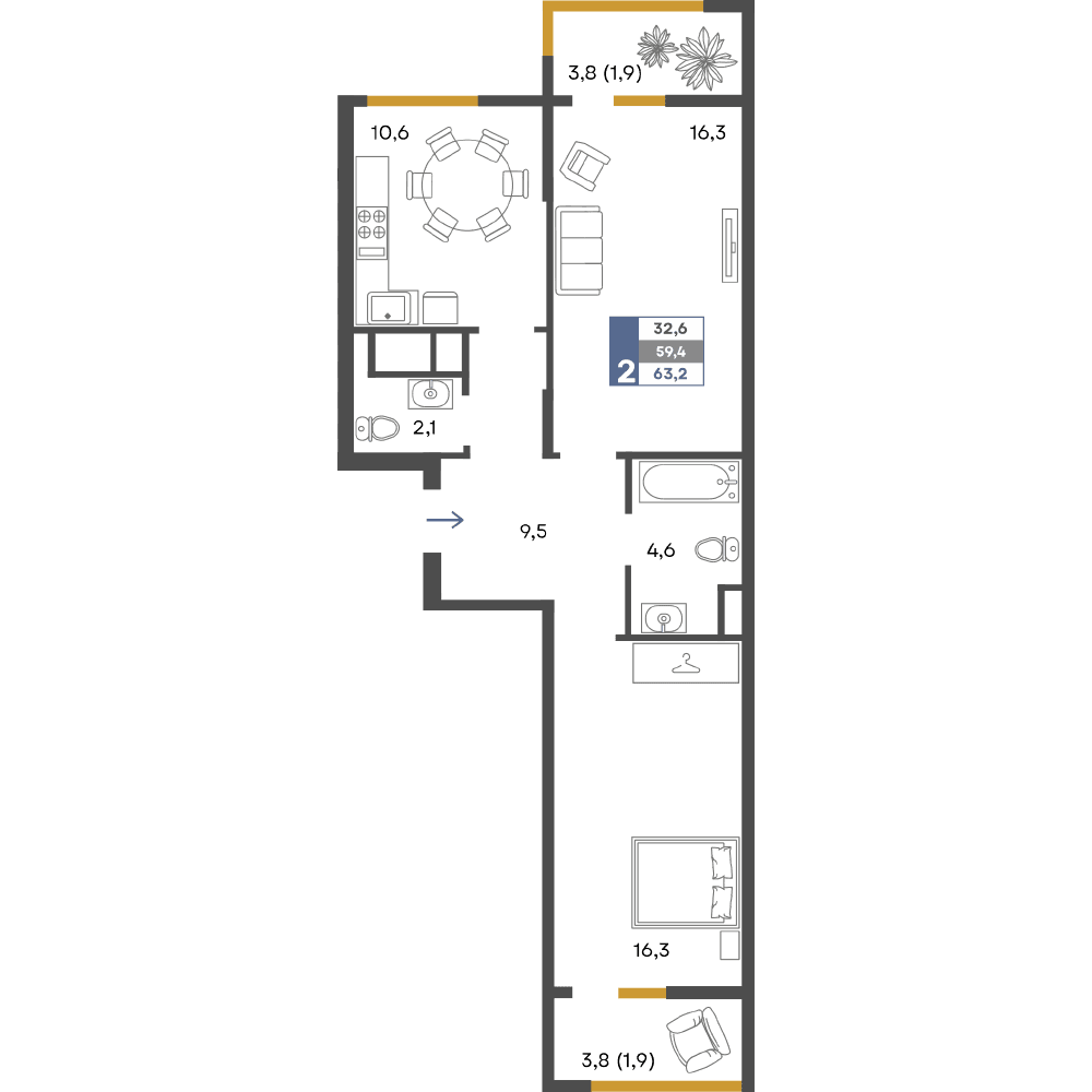 2-к, 63.2 м² · Предгорье