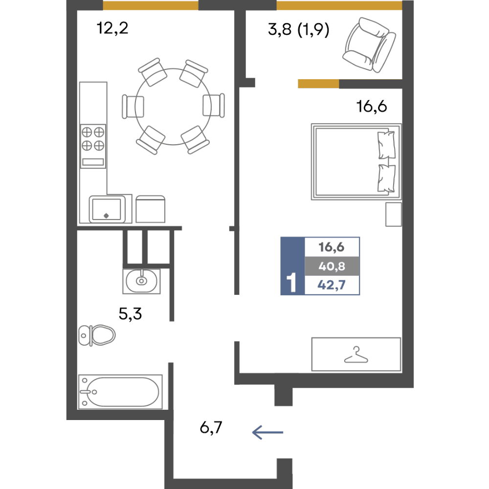1-к, 42.7 м² · Предгорье
