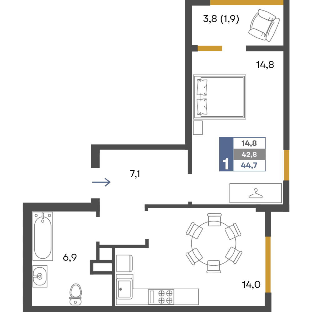 1-к, 44.7 м² · Предгорье
