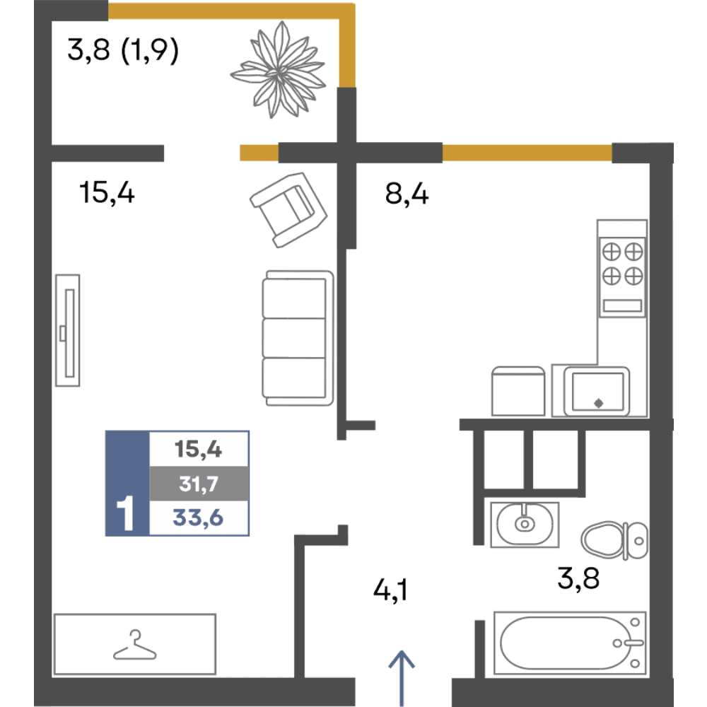 1-к, 33.6 м² · Предгорье